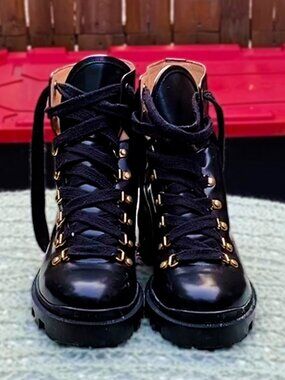 Gucci Black Leather Combat Boots Gold-Tone Hardware Lug Sole Women's Size 9